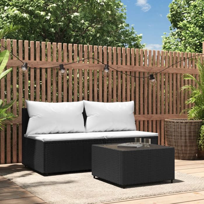 vidaXL Salon de jardin 3 pcs avec coussins Noir Résine tressée 319739