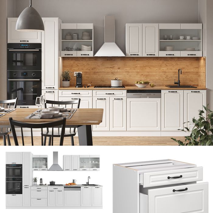 Cuisine R-Line Artisan Chêne/blanc 350cm Avec Armoire Haute Pt Chene Vicco