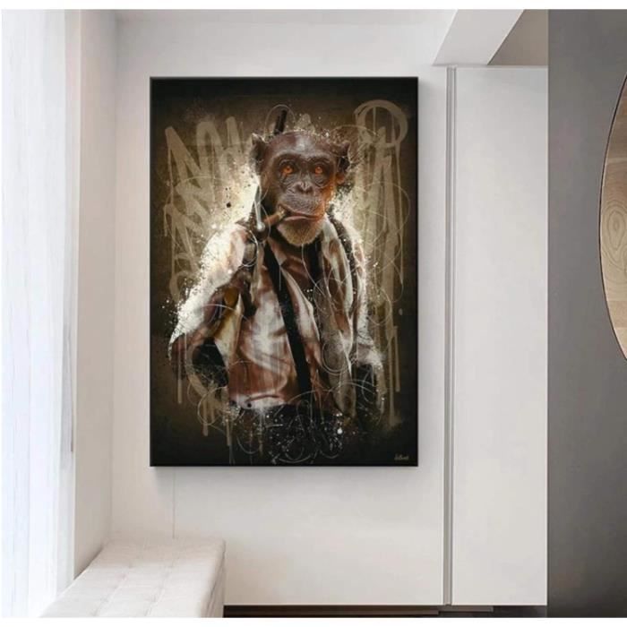 Poster Toile Drôle Singe Fumant En Costume - Art Graffiti Animal Décoratif - 40x60 Cm Sans Cadre