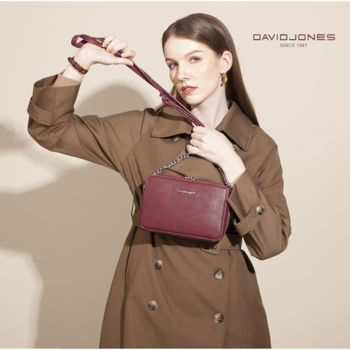 David Jones Petit Sac Bandouliere Rectangulaire Sac a Main Chaine Porte Epaule Cuir PU Compartiment Zip Besace Mode Rouge