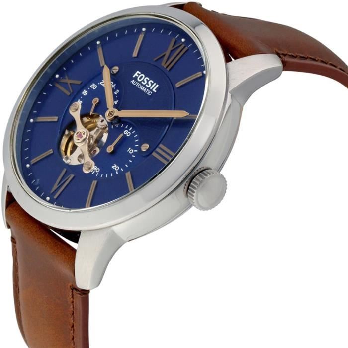 FOSSIL HOMME 44MM BRACELET CUIR MARRON AUTOMATIQUE CADRAN BLEU
