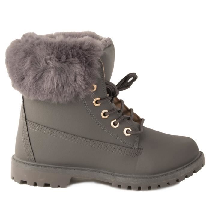 Bottines femme rangers fourr es et revers fourrure en simili cuir