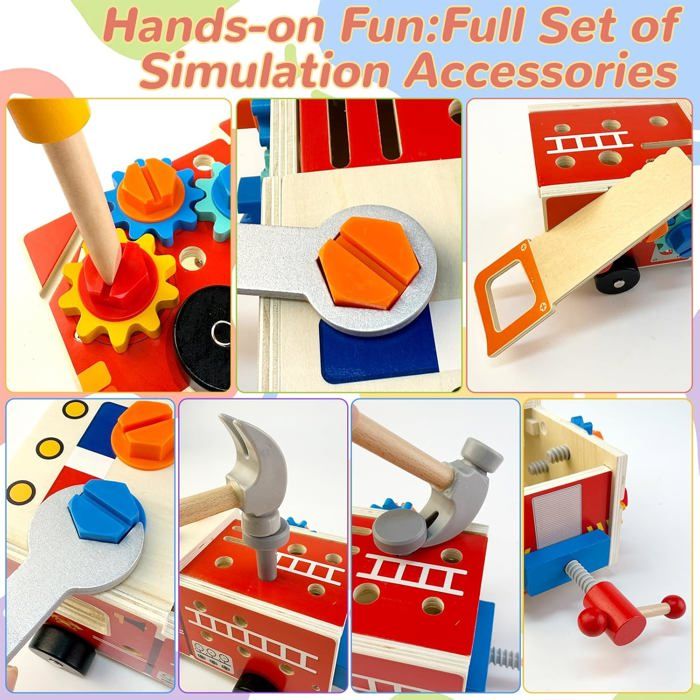 Jouet Enfant 2 Ans, Jouet en Bois Camion Pompier avec Boite à Outils Enfant, 32 Pièces Jeux Caisse à Outils DIY, Cadeau 2 3 4 Ans