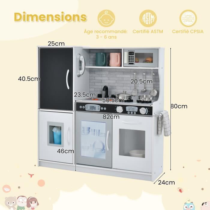 Cuisine Enfant en Bois, Cuisine de Jeu avec Tableau Noir, Téléphone, Cuisinières, Lave-Vaisselle, Machine à Glaçons et Four (Rose Pâle) | Leroy Merlin