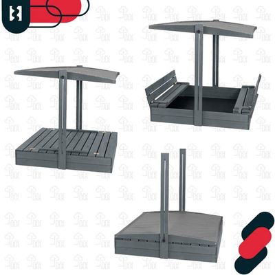 KOTARBAU Bac à Sable 140x140 Cm Avec Couvercle | Bois Gris, Toit Bleu, Bancs Pliables, Toit Réglable, Protection UV Et Pluie