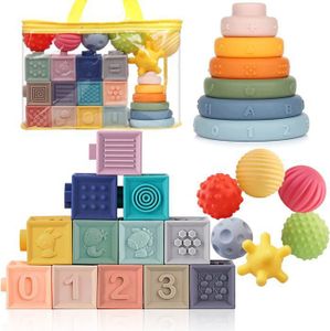 BOÎTE À FORME - GIGOGNE Blocs de construction empilables souples anneaux balles 3 en 1 ensemble de jouets doux pour bébés de 6 à 12 mois jouets sensoriels