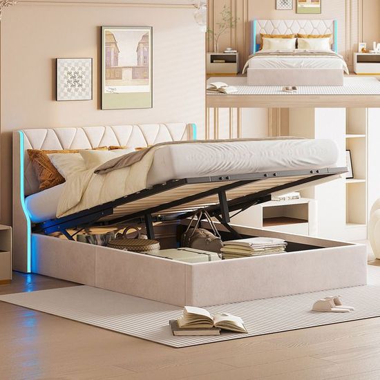 Lit140x190cm,LEDetcoffredelit,tissuenvelours,cadredelitcoffre140x190cm,beige