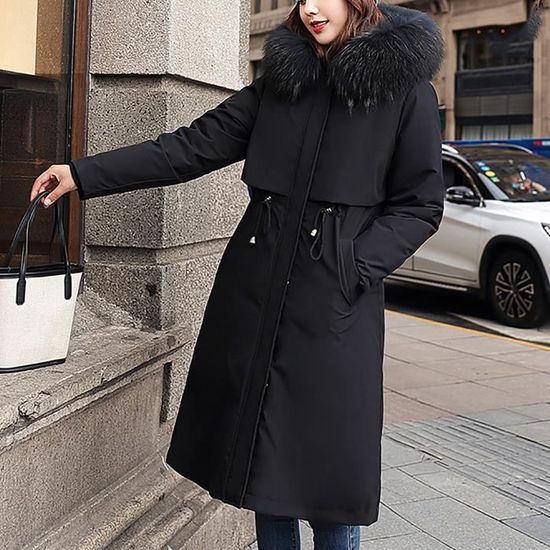 Manteau Femme Hiver long épaississement et velours gardant au chaud  décontracté avec chapeau @Noir