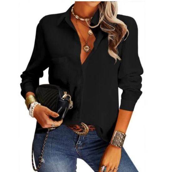 Chemisier Femme Manches Longues Col V – Coupe Ample, 100% Polyester, Style Décontracté élégant
