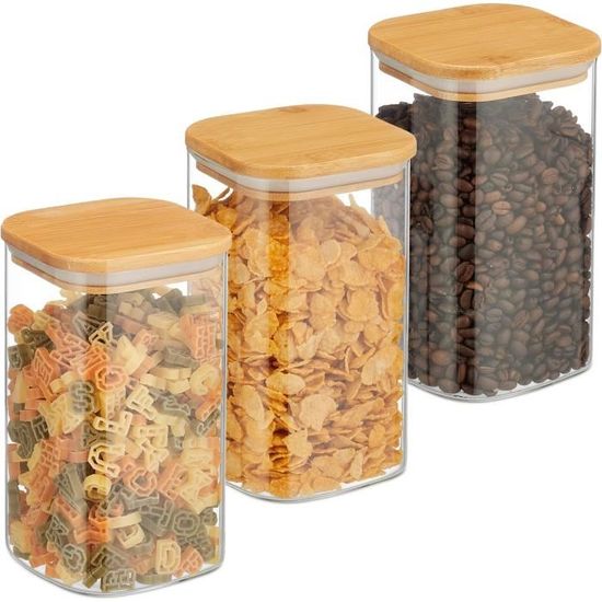 Lot De 3 Bocaux En Verre, Couvercle En Bambou, Oblong, Conservation