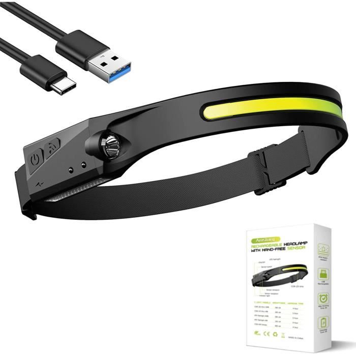 Lampe Frontale LED Rechargeable USB, Lampe Torche Frontale Puissante LEDs, Lampe Frontale COB de Camping Étanche avec
