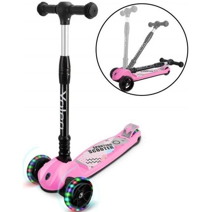 Yoleo Trottinette 3 Roues Enfant Pliable Lumineux Cadeau Jouet Garçon Fille 3 Ans à 12 Ans Rose