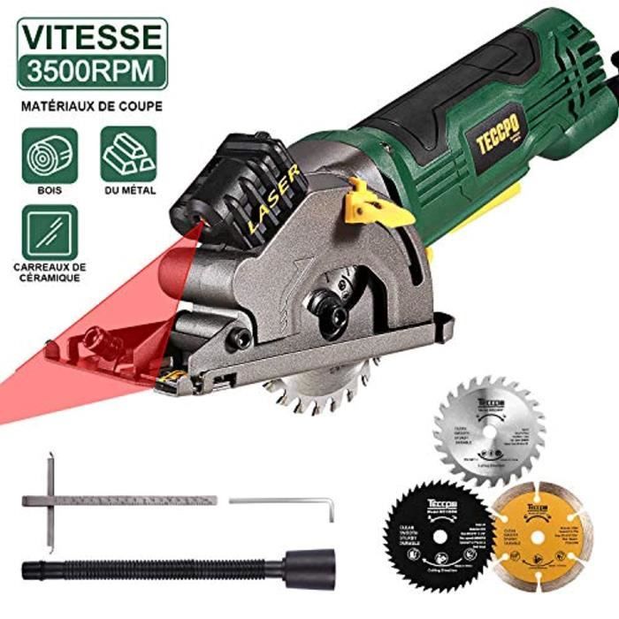 Scie Circulaire, TECCPO 3500RPM Mini Scie Circulaire, Guide de Laser, 3 Lames, Profondeur de Coupe: 27mm, pour Couper du Bois, du Mé