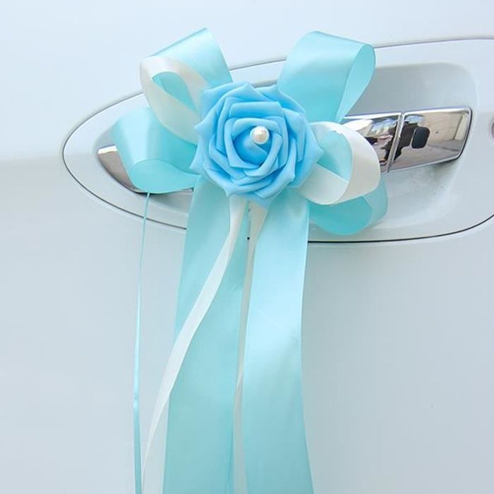Lot de 6 nœuds ruban satin à double couleur avec fleur décorée d'une perle nacrée - décoration tulle voiture de mariés mariage