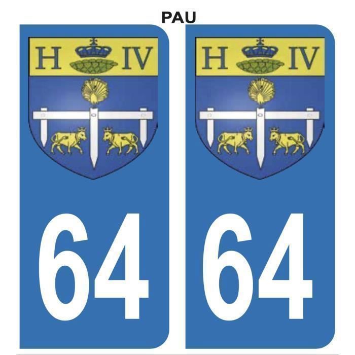 Autocollant Stickers plaque immatriculation voiture auto 64 Bleu Blason Ville Pau Lot de 2