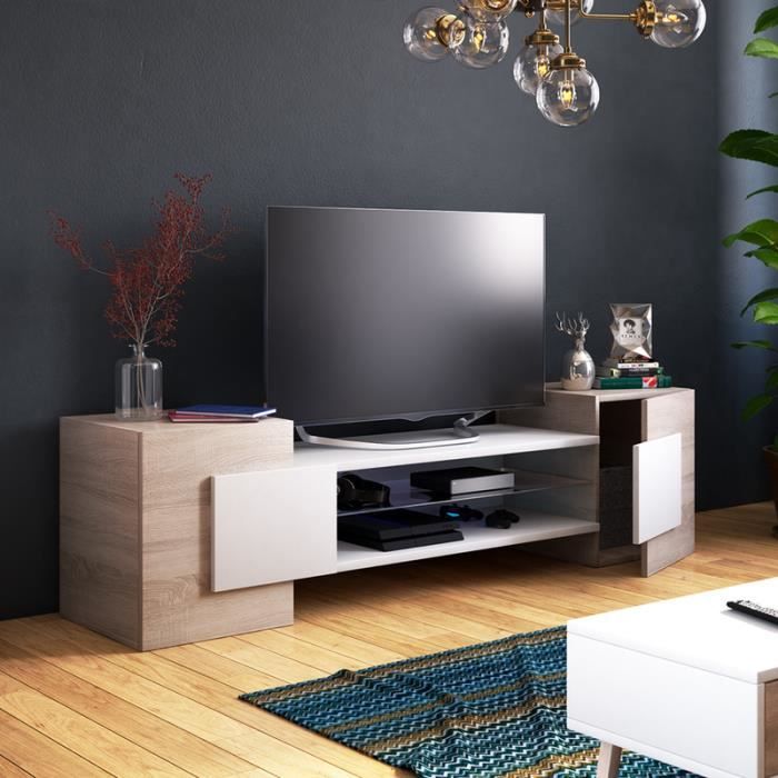 Meuble TV / Meuble de salon - GAELIN - 160 cm - effet chêne / blanc - sans LED - style contemporain - design moderne