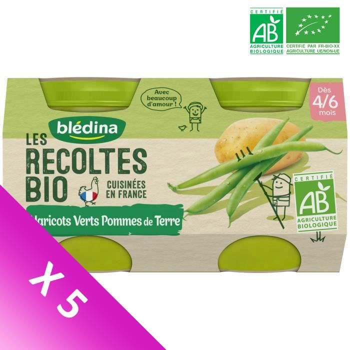 Blédina Les Récoltes Bio, Petits pots pour bébé bio - Dès 4/6 mois - Haricots verts, Pommes de terre - Lot de 5 x 260 g