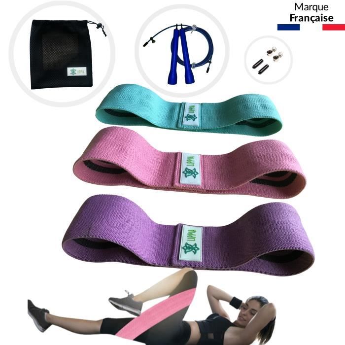 LIPPIA® PACK Bandes tissu élastique Fitness antidérapant rose-violet-vert / 3 niveaux de résistance / une corde à saute Noir