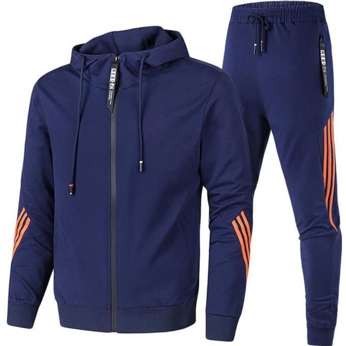 Hommes 2 pièces Ensembles de survêtement Manches longues à demi-rayures Ensembles Loisir Grande taille Bleu