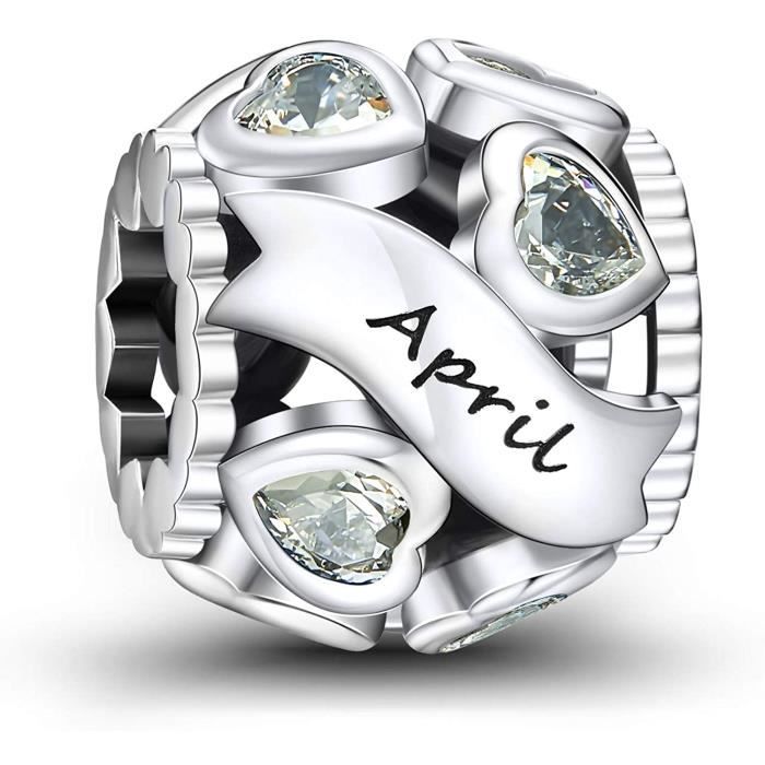 NINGAN Avril Pierres de Naissance Amour Coeur Charmes Ajouré Perle s'adapte aux Bracelets et Colliers Pandora pour Femmes