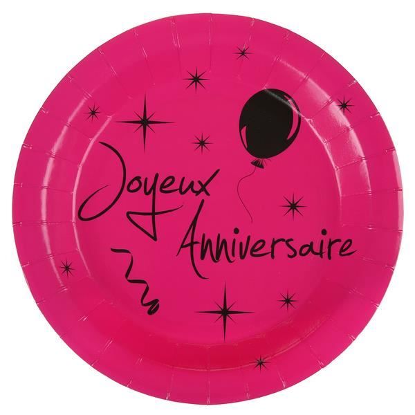 Assiette joyeux anniversaire rose fuchsia et noire (x10) R/4794 Matière carton