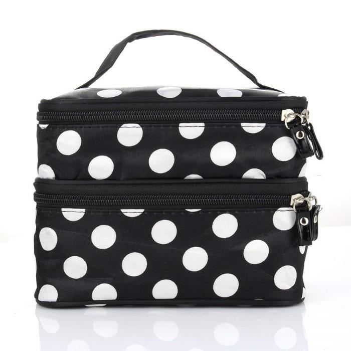 Portatif Femmes Pois Grand 2 Couches Maquillage Ensemble Cosmétique Boitier Beauté Trousse de Toilette - Noir et B@Z2218