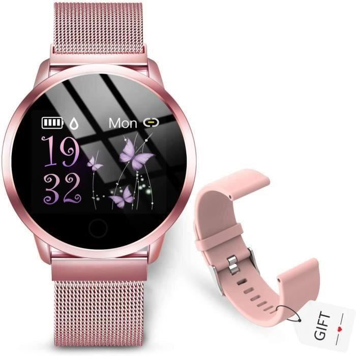Montre Intelligente Femme Montre Connectée Moniteur de Fréquence Cardiaque avec Écran Couleur Smartwatch Femmes Bracelet Connecté Mo