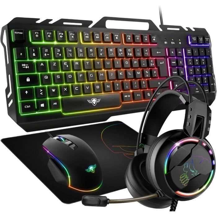 SPIRIT OF GAMER Pack Gaming 4 en 1 Pro-MKH5 Clavier Gamer RGB AZERTY Anti-Ghosting/Souris Gamer 7 Boutons RGB 6400 DPI/Casq
