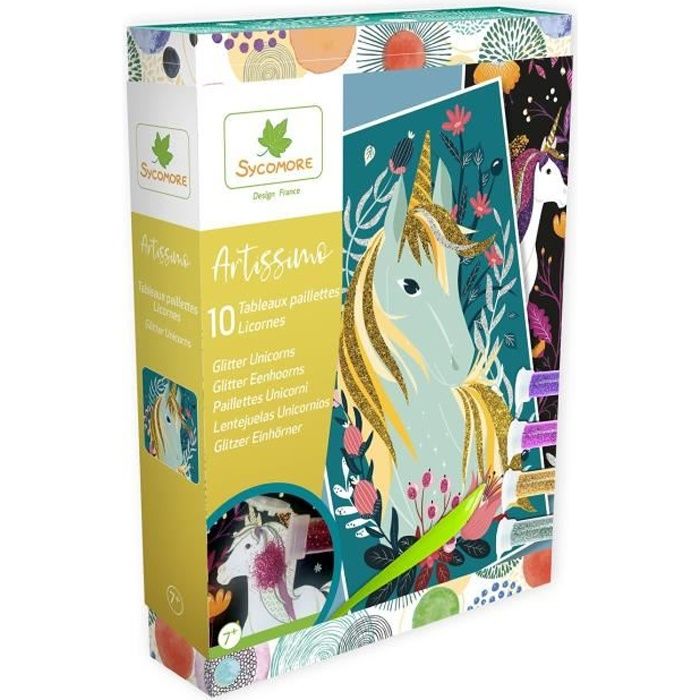 SYCOMORE Artissimo - 10 tableaux autocollants Paillette Licornes - A décorer avec des paillettes (4 tubes) - 1 spatule et 1 livret