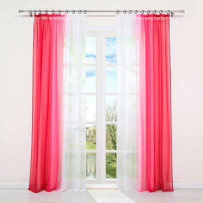 Lot de 2 Rideaux Voilages Dégradé à Galon Fronceur en Polyester Transparent Décor de Fenêtre