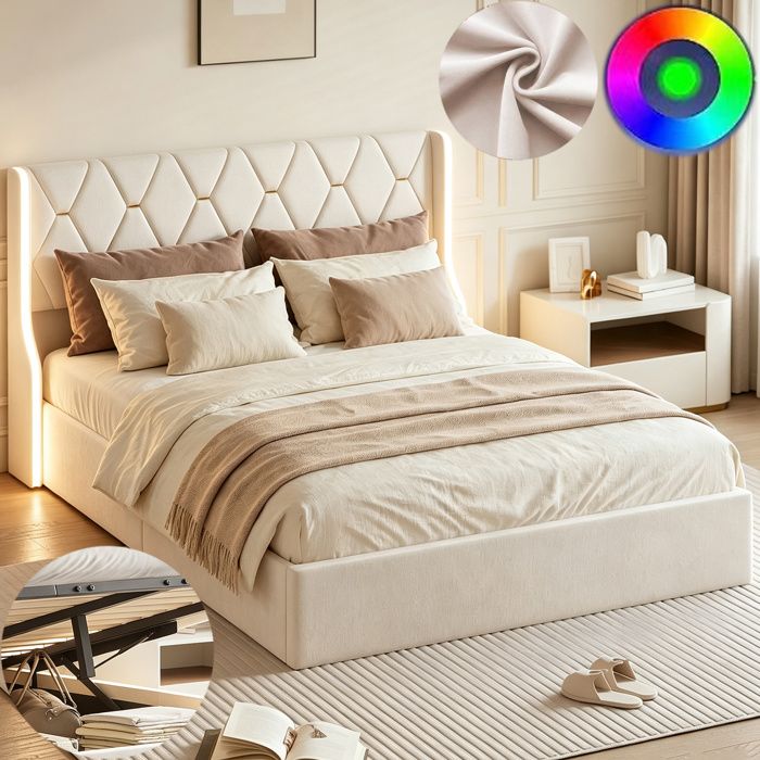 Lit Rembourré 90x200 Cm En Tissu Chenille Beige - Cadre En Fer Et Bois, Design Matelassé Carré - Facile à Monter, Matelas Non Inclus