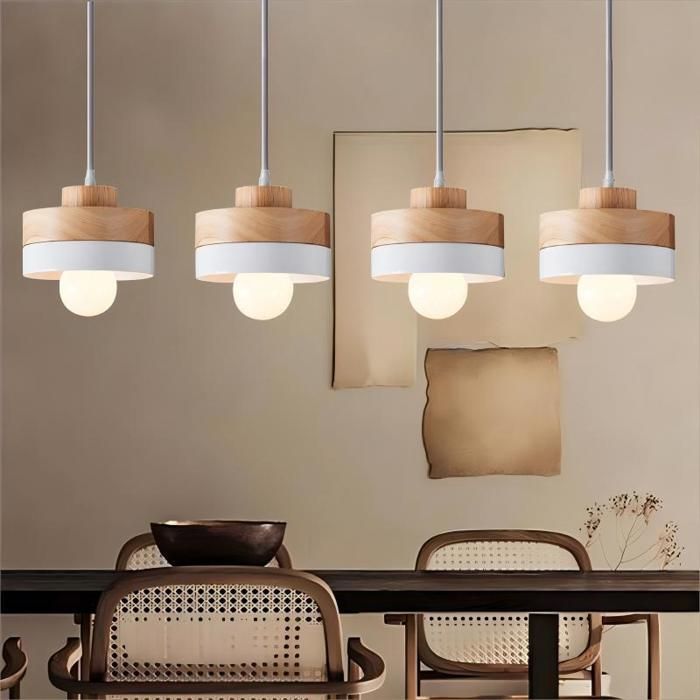 WOTTES Suspension en Bois et Métal - Blanc 4pcs - Ø18*10cm - E27 - Design rétro Rond - Éclairage intérieur Lustre Cuisine Salon