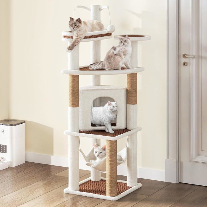 Comparer les prix de Arbre À Chat De 155 Cm Griffoir Hamac Et Tour DEscalade Pour Chat DIntérieur Stable Robuste Tissage En Rotin Blanc