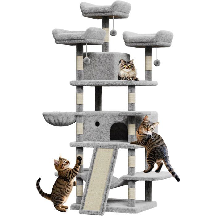 Comparer les prix de Arbre à Chat Avec Griffoir, Tour De Jeux pour Chats, 4 Poteaux à Griffer, 2 Plateformes, 2 Niches, 3 Pompons - Gris Clair