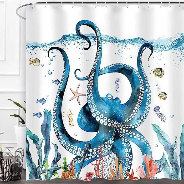 Rideau de Douche - AUTREMENT - 180x180cm - Imperméable - Polyester - Décoratif Pieuvre Bleu