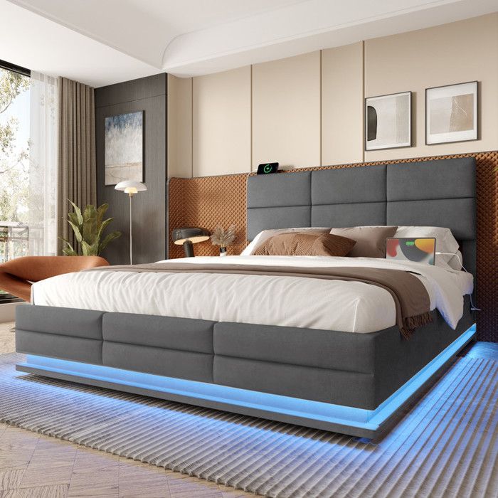 Lit rembourré moderne 140 x 200 cm avec ports USB/Type-C système de levage hydraulique et rangement (matelas non inclus) - Gris