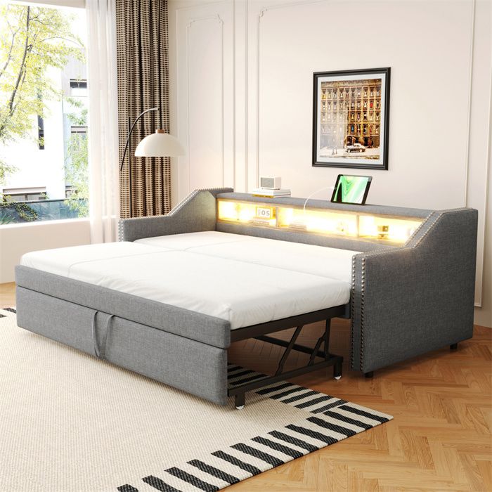 Canapé-lit extensible Lit gigogne 90/180x190 cm compartiments de rangement lumière LED et prise USB sommier à lattes gris clair