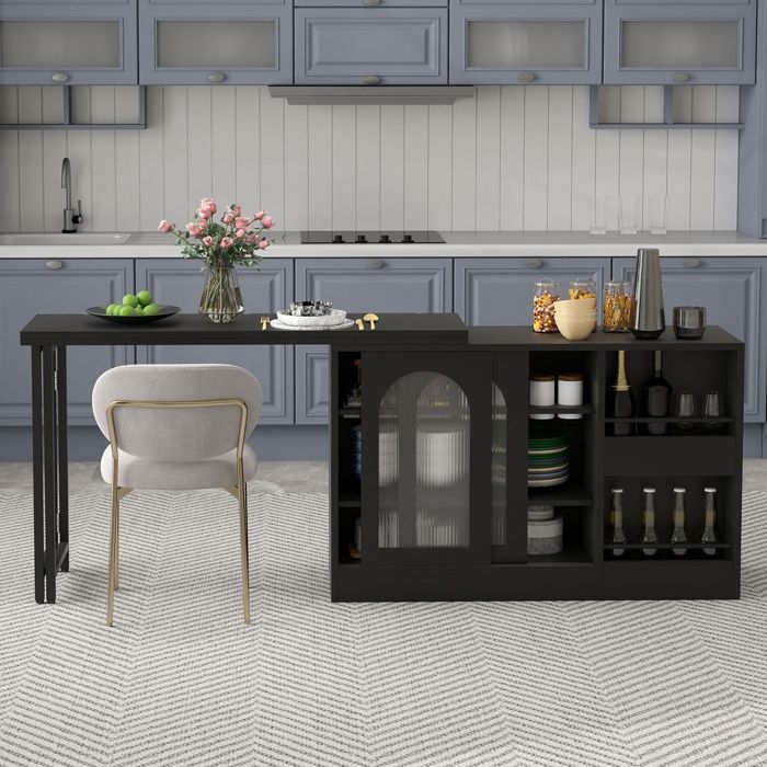Table De Bar Moderne - Rotative Extensible À 360° Avec Rangement - Réversible Buffet Bar Avec Porte DArmoire En Verre - Noir