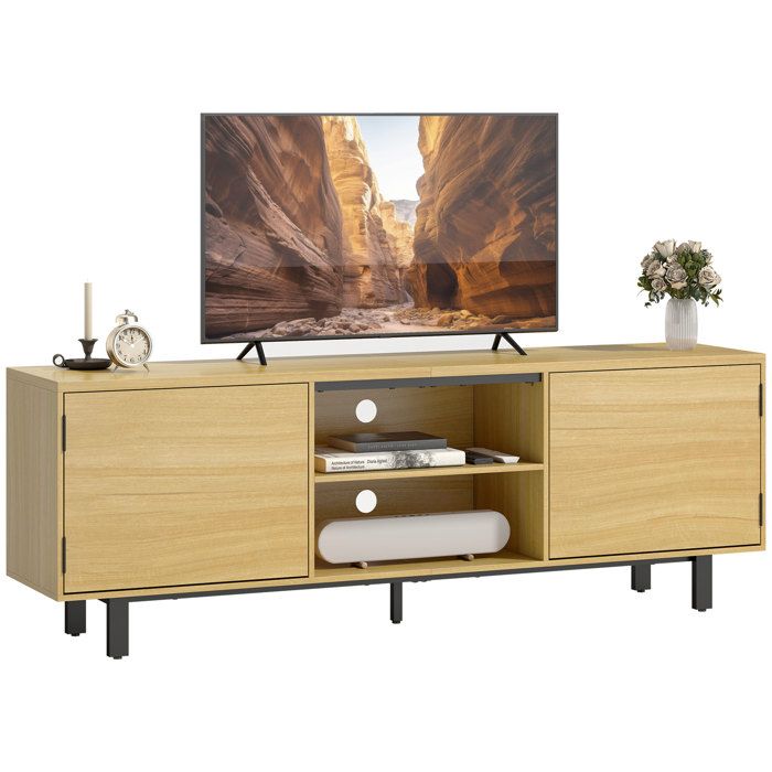 Meuble TV - HOMCOM - 2 portes à ouverture par pression et 2 étagères ouvertes - panneau de particules - 160x35x555cm - bois naturel