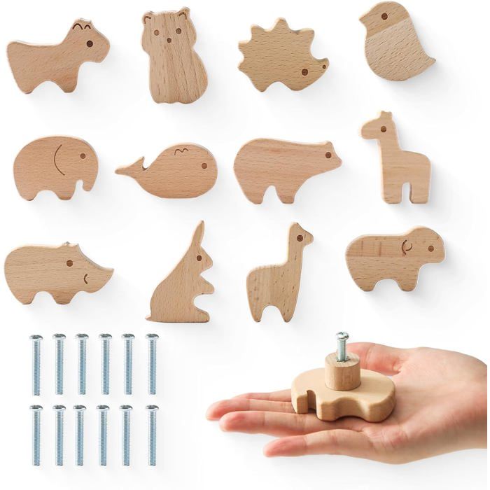 Lot de 12 boutons de porte en bois pour chambres denfants en forme danimaux variés avec vis poignées de porte pour meubles...