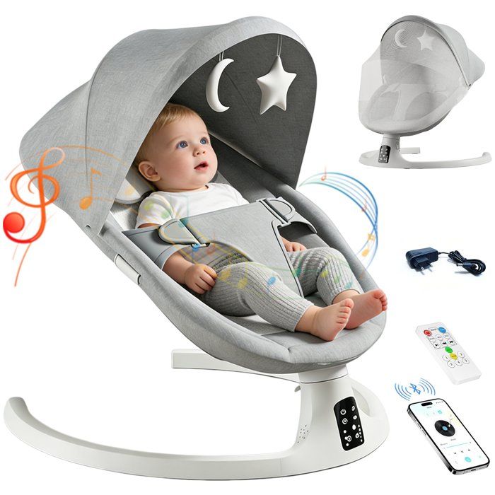 Transat Balancelle Bébé Électrique 5 Modes Balancement Contrôle APP & Télécommande Musiques Bluetooth Apaisantes Gris