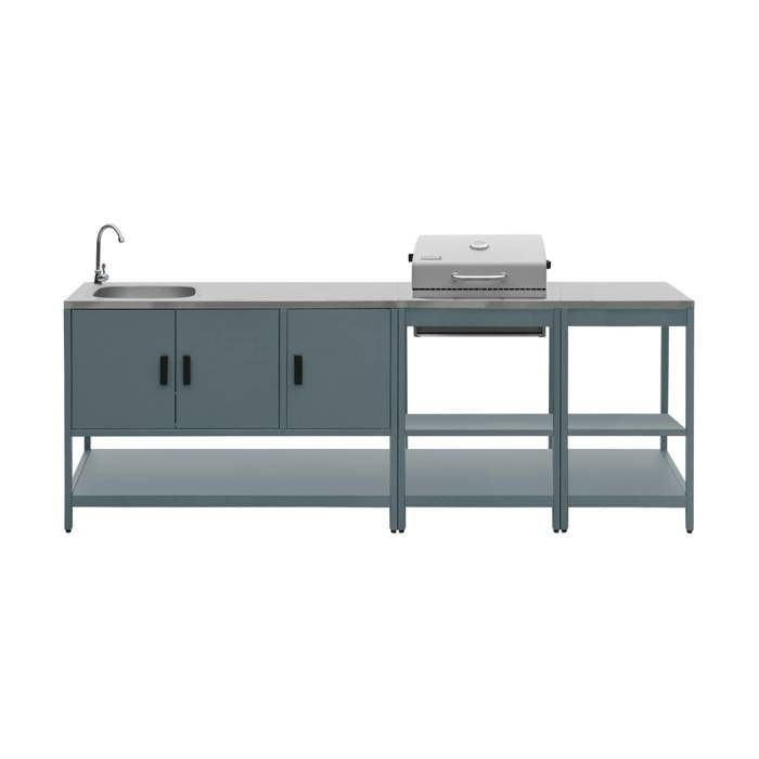 Cuisine extérieure 3 modules acier inoxydable avec barbecue charbon bleu gris Naxos
