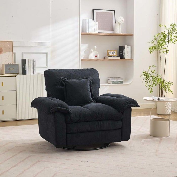 Fauteuil pivotant - Canapé simple - Rotation 360° - Revêtement chenille noir - Base métal robuste