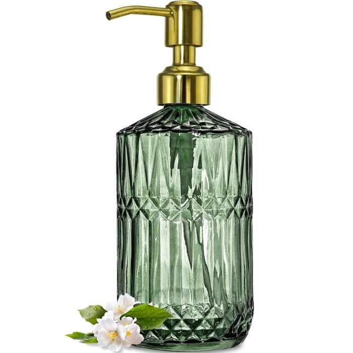 Distributeur de savon en verre vert de 532 ml (18 oz) avec pompe dorée antirouille réutilisable pour la cuisine