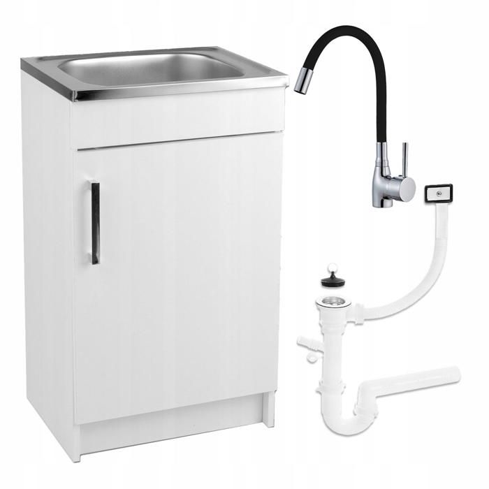 STAMAR Meuble sous Évier 50 cm Blanc + Évier Inox + Robinet Extensible Noir + Siphon LV - 50x40x82 cm