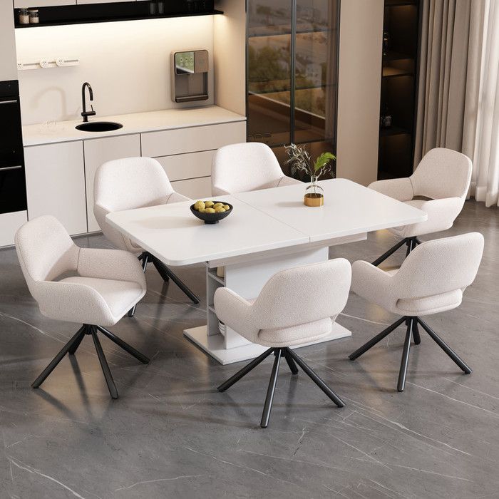 Chaise de salle à manger pivotante - Tissu Sherpa - Ensemble de 6 - Blanc - Avec accoudoirs - Design moderne