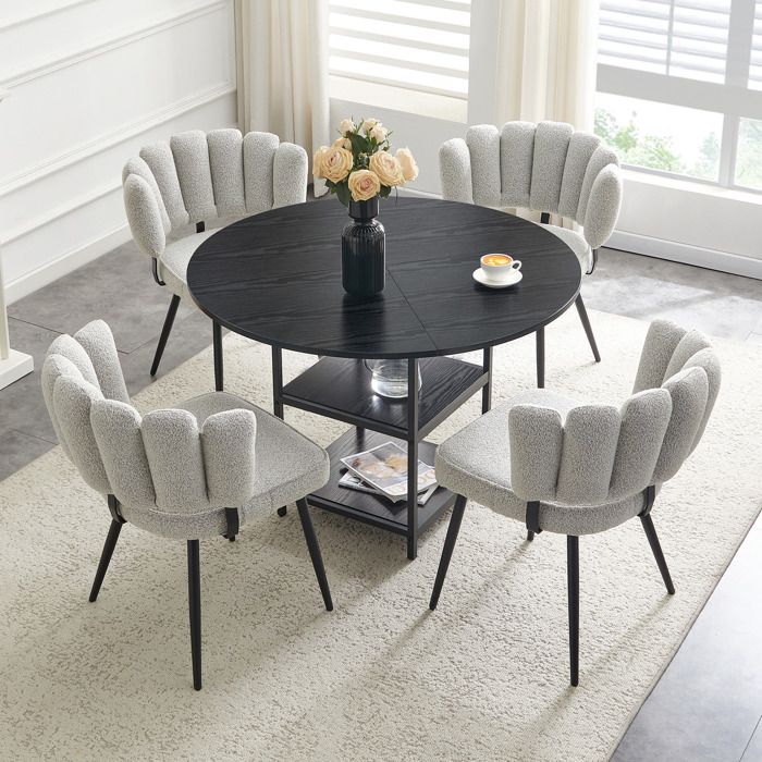 Ensemble table et chaises style industriel - Table ronde 107 cm - Double niveau de rangement - 4 chaises dossier fleur