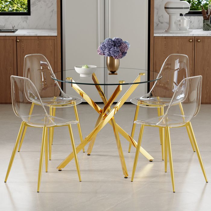 Ensemble table et chaises en verre trempé - Table 88 cm - 4 chaises - Verre trempé - Métal doré - Plastique transparent