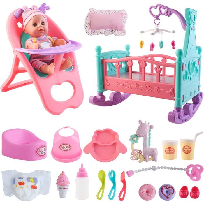 Kit Accessoires Bébé Poupée deAO 21 pièces 29 cm interactif - lit chaise haute biberon