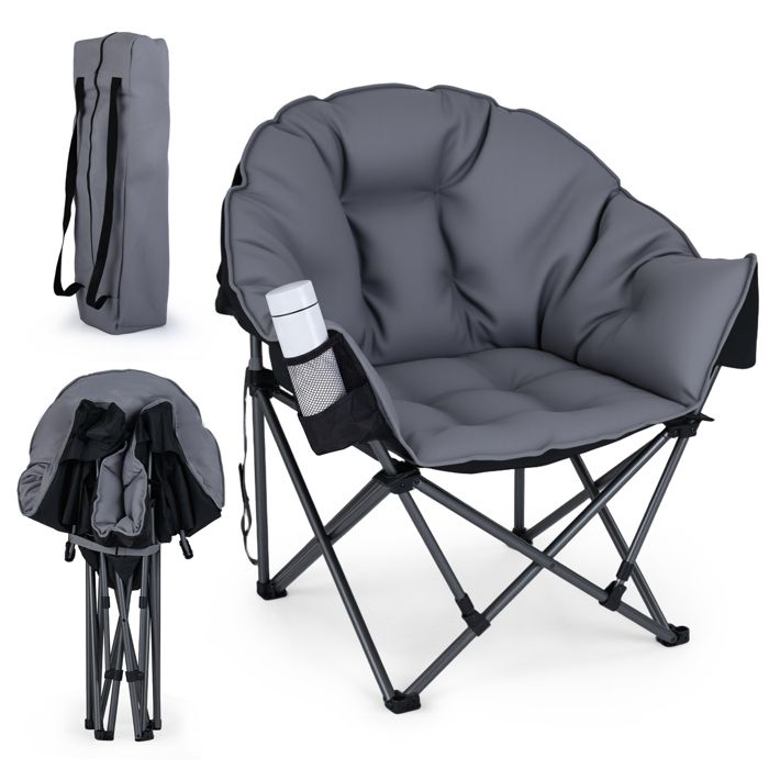 Chaise de Jardin Extérieur Pliante COSTWAY Tissu Oxford Cadre en Métal Porte-gobelet Sac de Transport Charge 227 kg Gris Noir